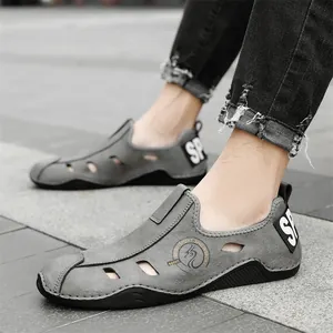 Men Casual Hollow Leather Shoes Summer Outdoor Breathable Slip-On Loafers Stylish Non-Slip Rubber Sole Everyday Walking Shoes
