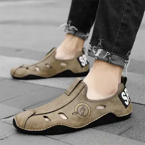 Men's 2024 summer outdoor casual breathable hollow leather shoes in stylish khaki brown
