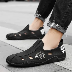 Men's black summer outdoor hollow casual leather shoes with a breathable design