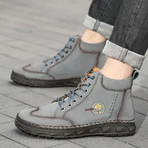 Stivali da Lavoro in Pelle di Vacchetta Cuciti a Mano da Uomo Scarpe Casual All'aperto Suola Piatta Stivali Moda Antiscivolo da Uomo