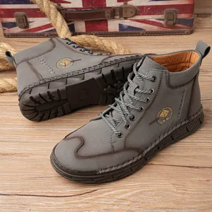 Stivali casual da uomo in pelle grigia fatti a mano per outdoor