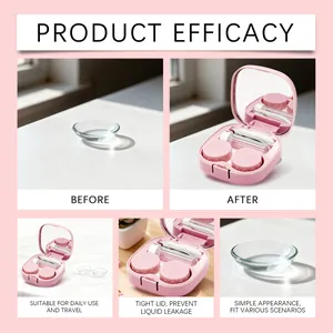 Detailoverzicht van roze contactlenshouderset met spiegel en alle accessoires