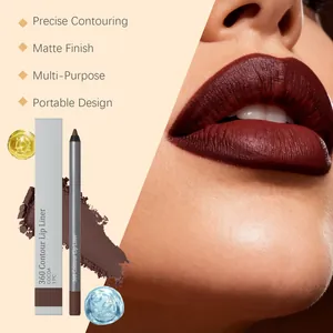 Détail du crayon à lèvres mat cacao avec application sur les lèvres du modèle