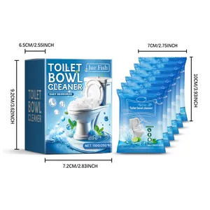 Spécifications de taille détaillées pour le nettoyant toilettes Jue Fish en poudre.