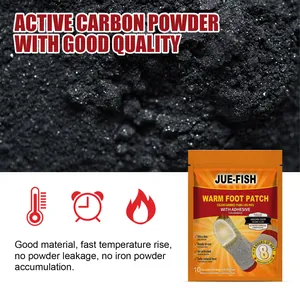 Detail view of Jue-Fish warm foot patch packaging and premium active carbon powder.