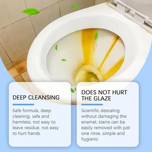 Vue détaillée de la surface des toilettes montrant l'action de détartrage de la mousse