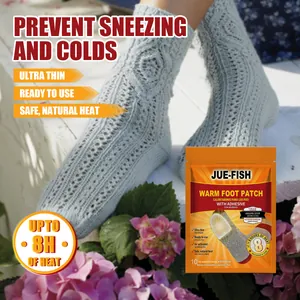 Detailed view of Jue-Fish warm foot patch packaging and model wearing knitted socks