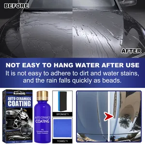 Detailed view of Rayhong auto ceramic coating kit showing hydrophobic water bead effect