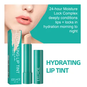 Detailansicht von EELHOE feuchtigkeitsspendendem Lip Tint mit Model und Teal-Verpackung