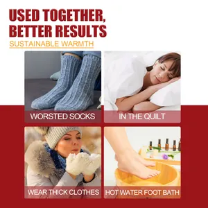 Scenarios showing self-heating foot patches used with socks, bedding and winter coats.