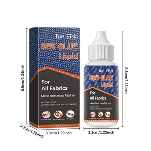 Technische tekening met de exacte afmetingen van JUE FISH 30ml textiellijm en doos.
