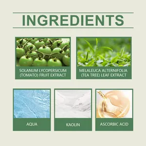 Natural ingredients list for cleansing milk including green tomato and tea tree extracts.