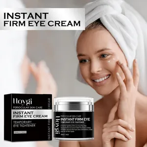 Macro detail of Hoygi Instant Firming Eye Cream applied to skin by a smiling model