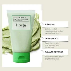 Hoygi Green Tomato Clay Cleanser detail showing green texture and ingredient benefits