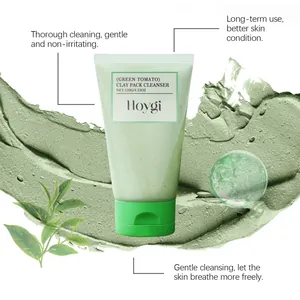 Macro detail of Hoygi Green Tomato Clay Pack Cleanser showing smooth green clay texture