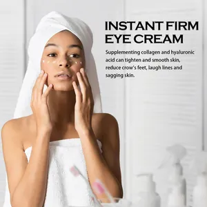 Detail shot of woman applying firming eye cream with collagen and hyaluronic acid.