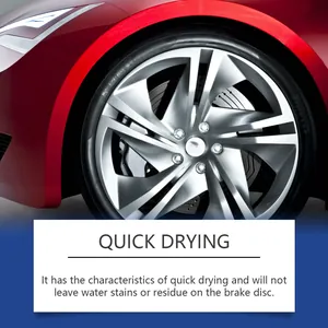 Quick-drying car brake cleaner effect on metal wheel disc for residue-free shine.