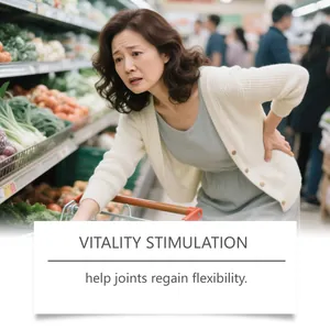 Elderly woman with lower back pain in grocery store illustrating joint care benefits