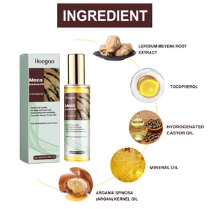 Detail view of Hoegoa hair essence oil ingredients including maca and argan oil