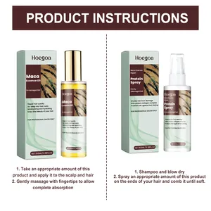 Detailed usage instructions for Hoegoa Maca Essence Oil and Protein Spray bottles.