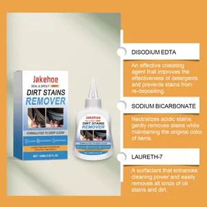 Vue détaillée du gel détachant Jakehoe montrant les ingrédients et l'effet avant-après.