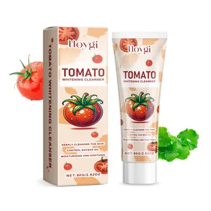 Καθαριστικό προσώπου Hoygi Tomato Whitening 80g με συσκευασία και φρέσκια ντομάτα