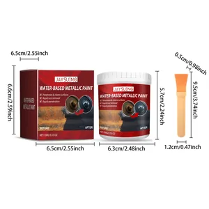 Water-based metallic paint set with rust remover, 100g jar, brush, and dimensions.