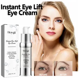 Detailed view of Hoygi eye cream and packaging with before and after effect demonstration.