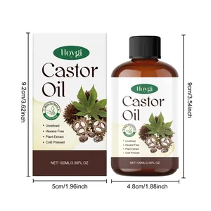 Detalle con las dimensiones precisas del frasco de aceite de ricino HOYGI y caja.
