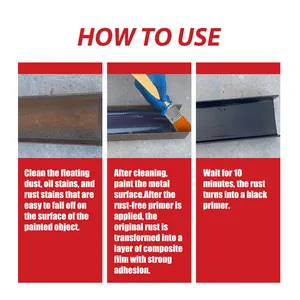 Step-by-step usage guide for applying rust converter primer on rusted metal surfaces.