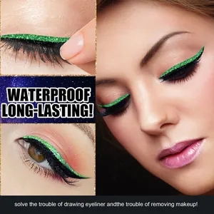 Détail d'autocollants eye-liner vert pailleté avec slogan imperméable.