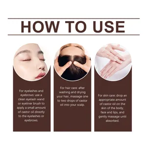 Guía detallada que muestra el uso del aceite de ricino para pestañas, cabello y cuidado de la piel.