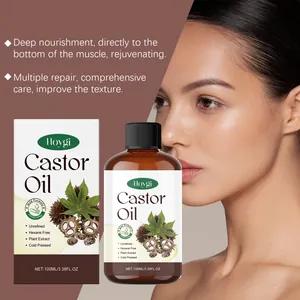 Vista detallada del frasco y caja de aceite de ricino HOYGI para el cuidado de piel y cabello
