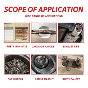 Visual guide showing rust converter usage on car wheels, exhaust pipes, and iron gates.