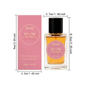 Detaillierte Abmessungen des süßen Parfüms Sugar Crown mit seiner rosa Verpackung