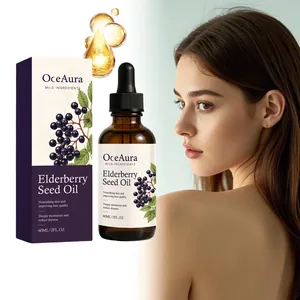 OceAura Elderberry Seed Oil 60ml bottle and packaging box shown with skin care model