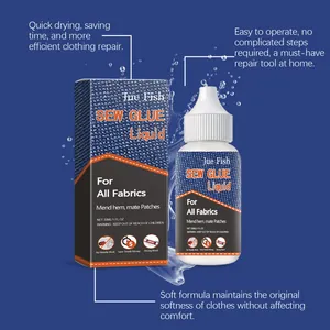 Jue Fish 30ml textiellijm vloeistof voor efficiënte kleding reparatie en patches.