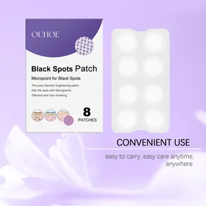 Λεπτομερής άποψη της συσκευασίας OUHOE Black Spots Patch και φύλλου 8 επιθεμάτων.
