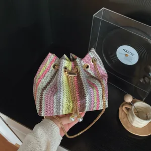 Women Rainbow Woven Bucket Bag Fashion Straw Shoulder Bag With Artificial Pearl Charm Gold Chain Strap Vacation Crossbody Handbag