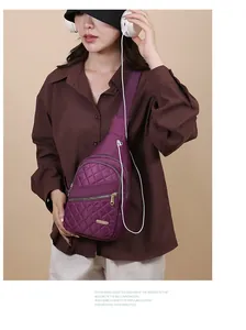 Fashionable purple quilted chest bag for women shown on a model for a daily look