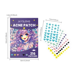JAYSUING colorful acne patches size chart showing heart and star shapes in 216 count pack