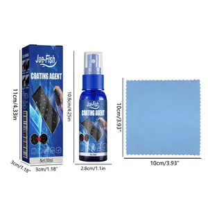 Dimensions of 30ml phone screen coating agent spray bottle, box, and blue cleaning cloth set.