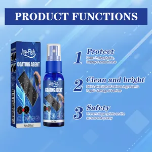 Visual guide of Jue-Fish coating agent functions: protection, cleaning, and safety.
