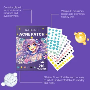 Colorful heart and star acne patches in purple packaging with ingredient details.