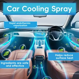 Effet du spray rafraîchissant pour voiture avec une brume bleue et des feuilles.