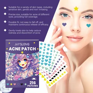 Detailed view of colorful star and heart acne patches with professional model demo.