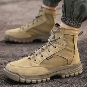 Men's Outdoor Tactical Combat Boots Suede Canvas High Top Hiking Shoes Non-Slip Rubber Sole Desert Camping Boots Large Size