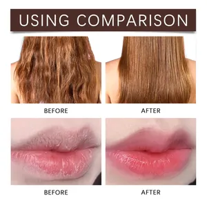 Comparación antes y después de los efectos hidratantes del aceite de ricino en cabello y labios.
