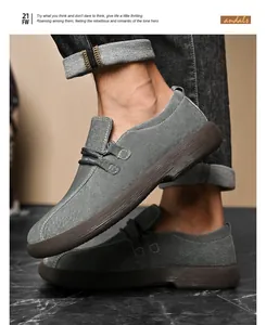 Side view of men's grey canvas casual shoes featuring thick brown textured soles
