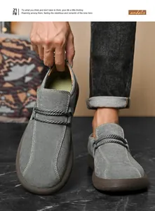 Detailed view of grey suede outdoor casual shoes for men with unique rope accents
